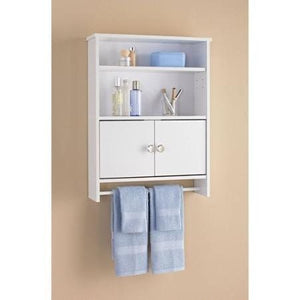 BU28 white bathroom wall cabinet with open shelves, doors and towel rail