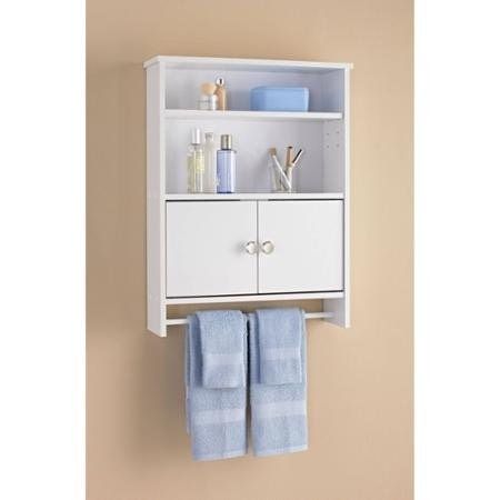BU28 white bathroom wall cabinet with open shelves, doors and towel rail