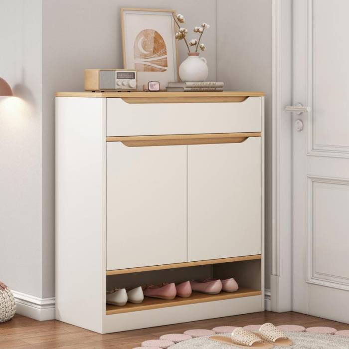 MDF Shoe Cabinet – White & Wood | SU21 | 80 × 40 × 100 cm