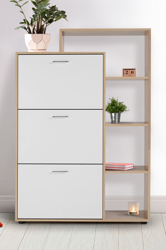 MDF Shoe Cabinet – White & Wood | SU3 | 90 × 40 × 130 cm