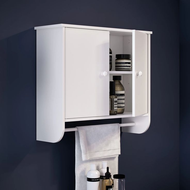 BU29 white wall-mounted bathroom cabinet with side doors, shelves and towel rail