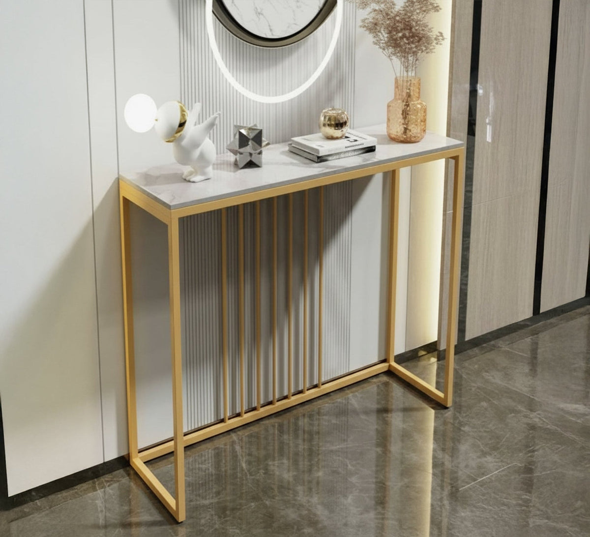 Modern Console KT109 White × Gold 110 × 35 × 90 cm – Steel × Marble