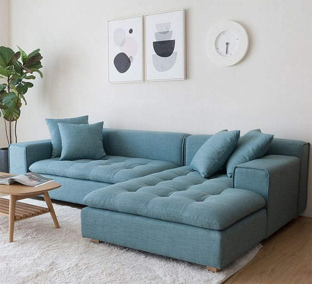 Blue L-Shaped Sectional Sofa RA106 220×85×85 cm – Luxury Tufted (Capitonné)