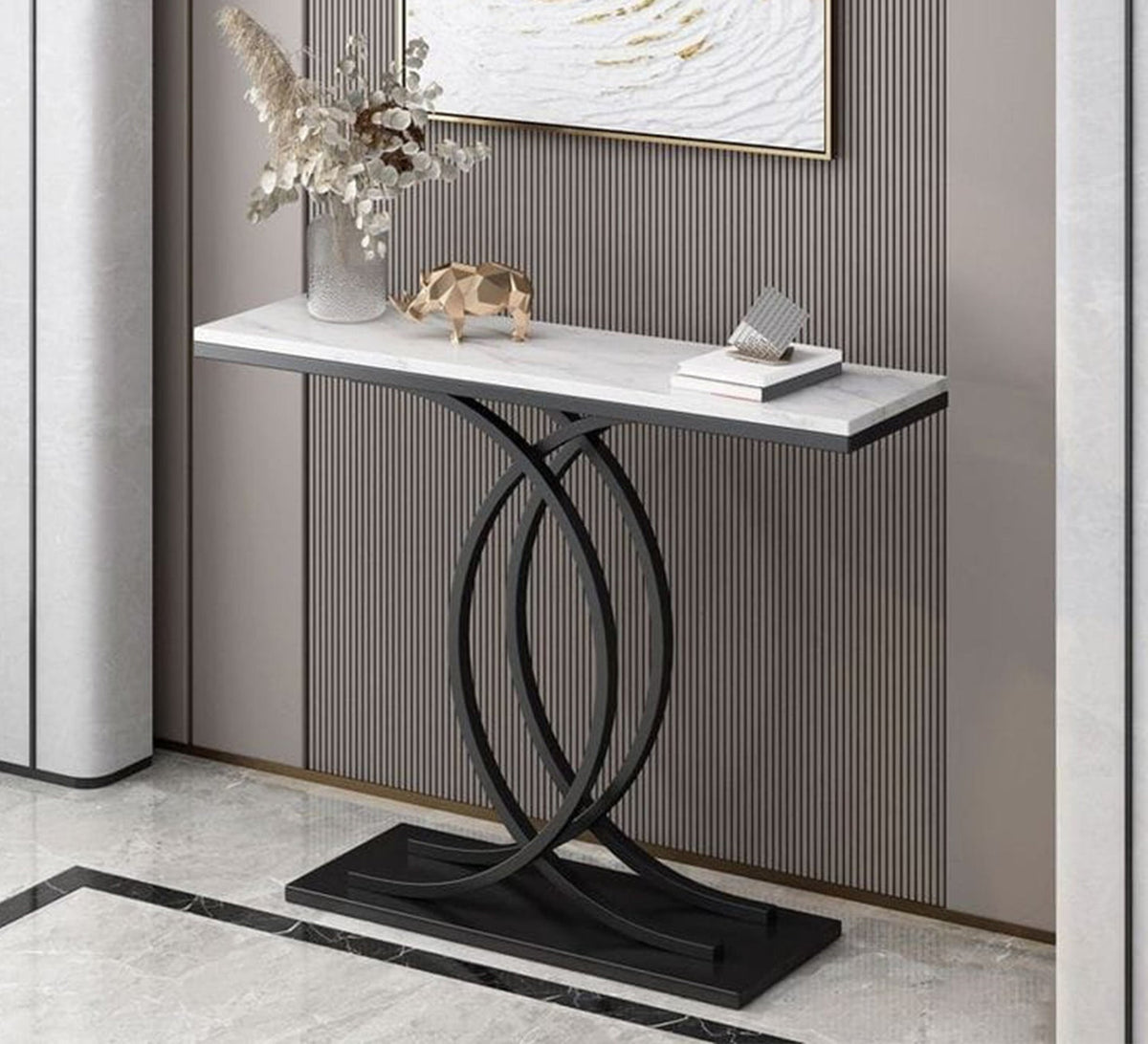 Modern Console KT110 Black × White Marble 120 × 40 × 90 cm – Coated Iron