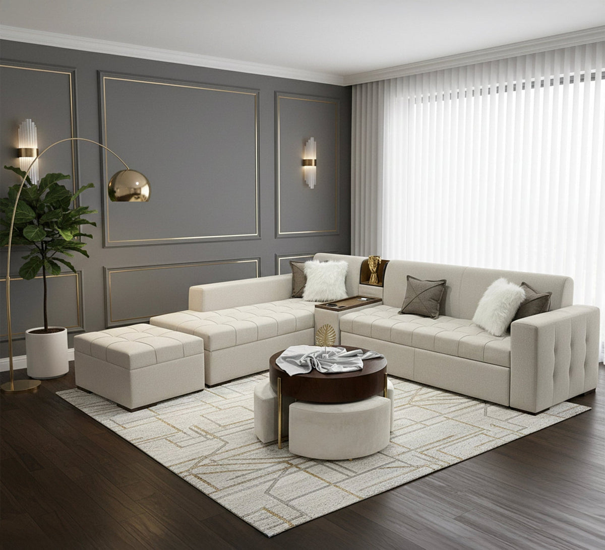 Multifunctional L-Shaped Corner Sofa RA118 Beige – Premium Linen