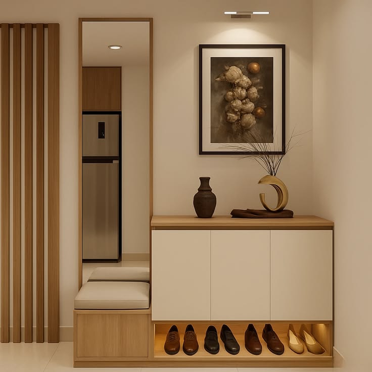 Shoe Cabinet with Mirror Modern Wood & Off-White SU102 155 × 35 × 110 cm
