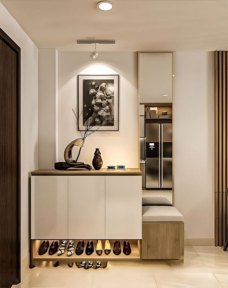 Shoe Cabinet with Mirror Modern Wood & Off-White SU102 155 × 35 × 110 cm