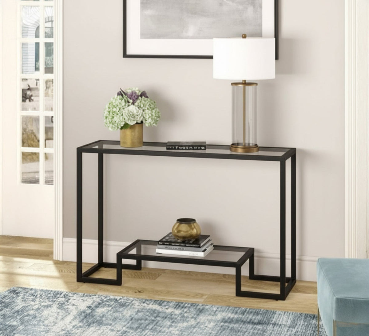 Modern Console KT106 Black 100 × 30 × 90 cm – Metal × Glass