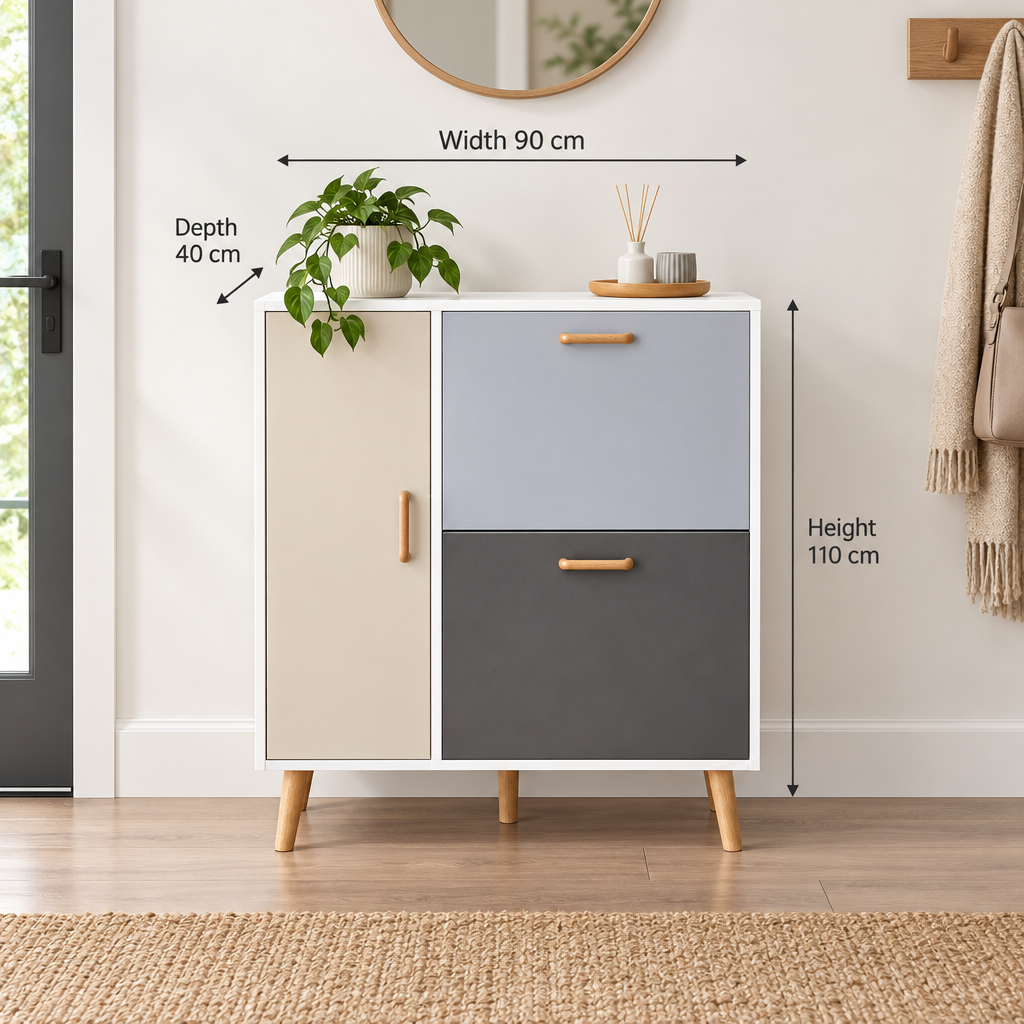 Modern white and grey shoe cabinet, width 90 cm, depth 40 cm, height 110 cm