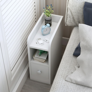 Slim white nightstand co27 with open shelf and lower storage