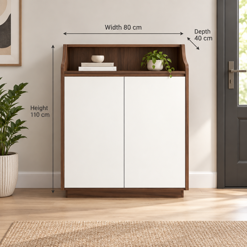 Modern walnut and white shoe cabinet, width 80 cm, depth 40 cm, height 110 cm