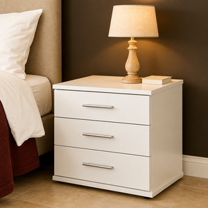 DR53 enhanced original photo of white three-drawer bedside unit