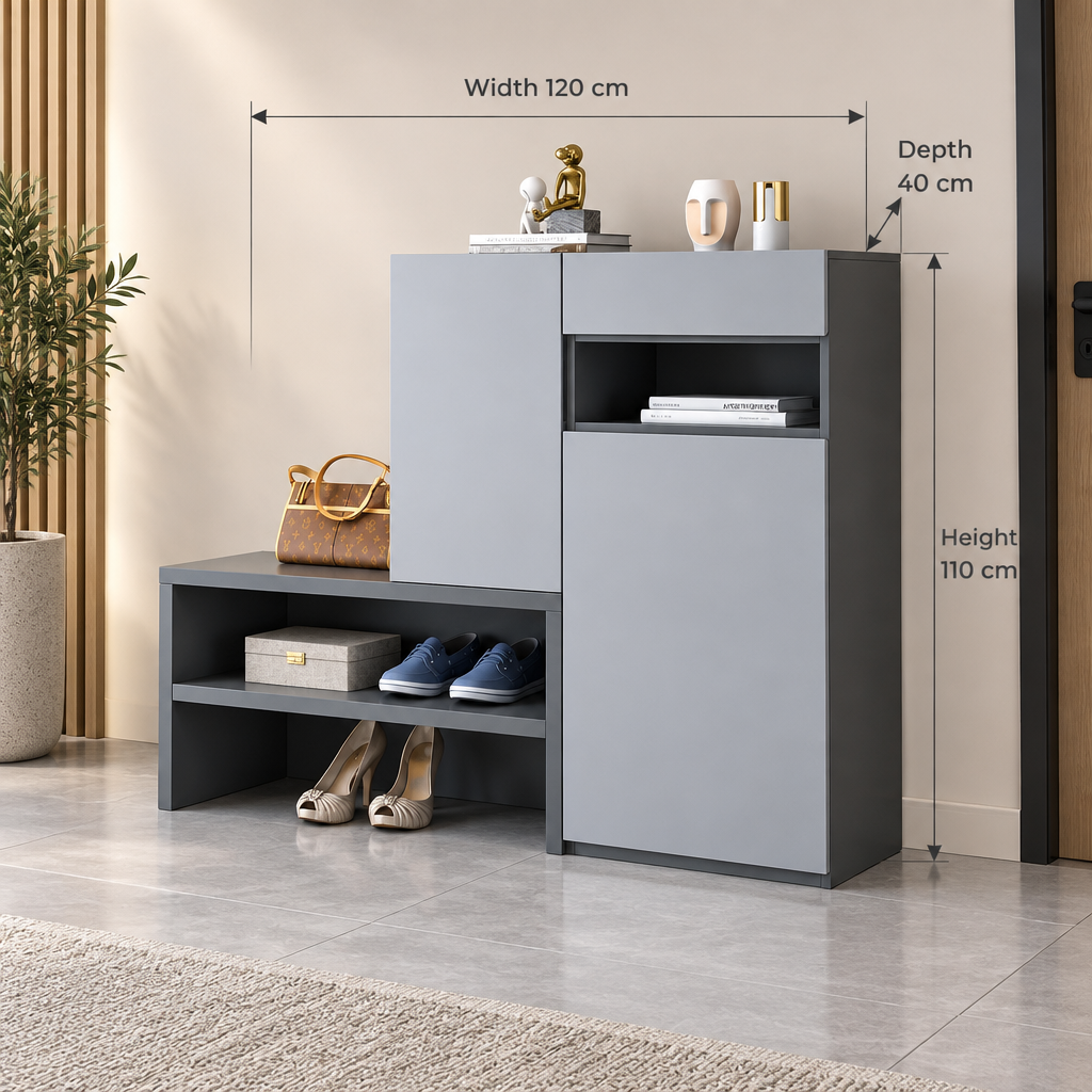 Modern grey shoe cabinet, width 120 cm, depth 40 cm, height 110 cm