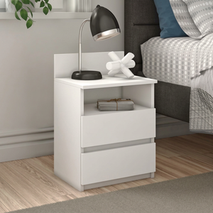 White nightstand co22 with two handleless drawers and an open shelf