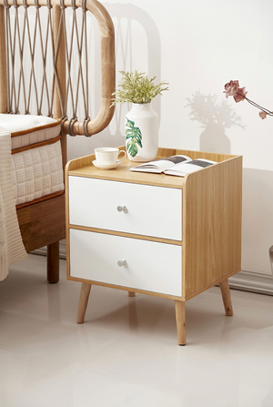 Light wood-effect and white nightstand co37 with two drawers