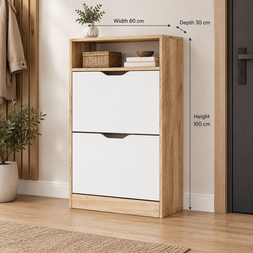 Modern natural wood and white shoe cabinet, width 60 cm, depth 30 cm, height 100 cm