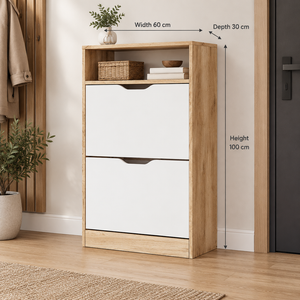 Modern natural wood and white shoe cabinet, width 60 cm, depth 30 cm, height 100 cm