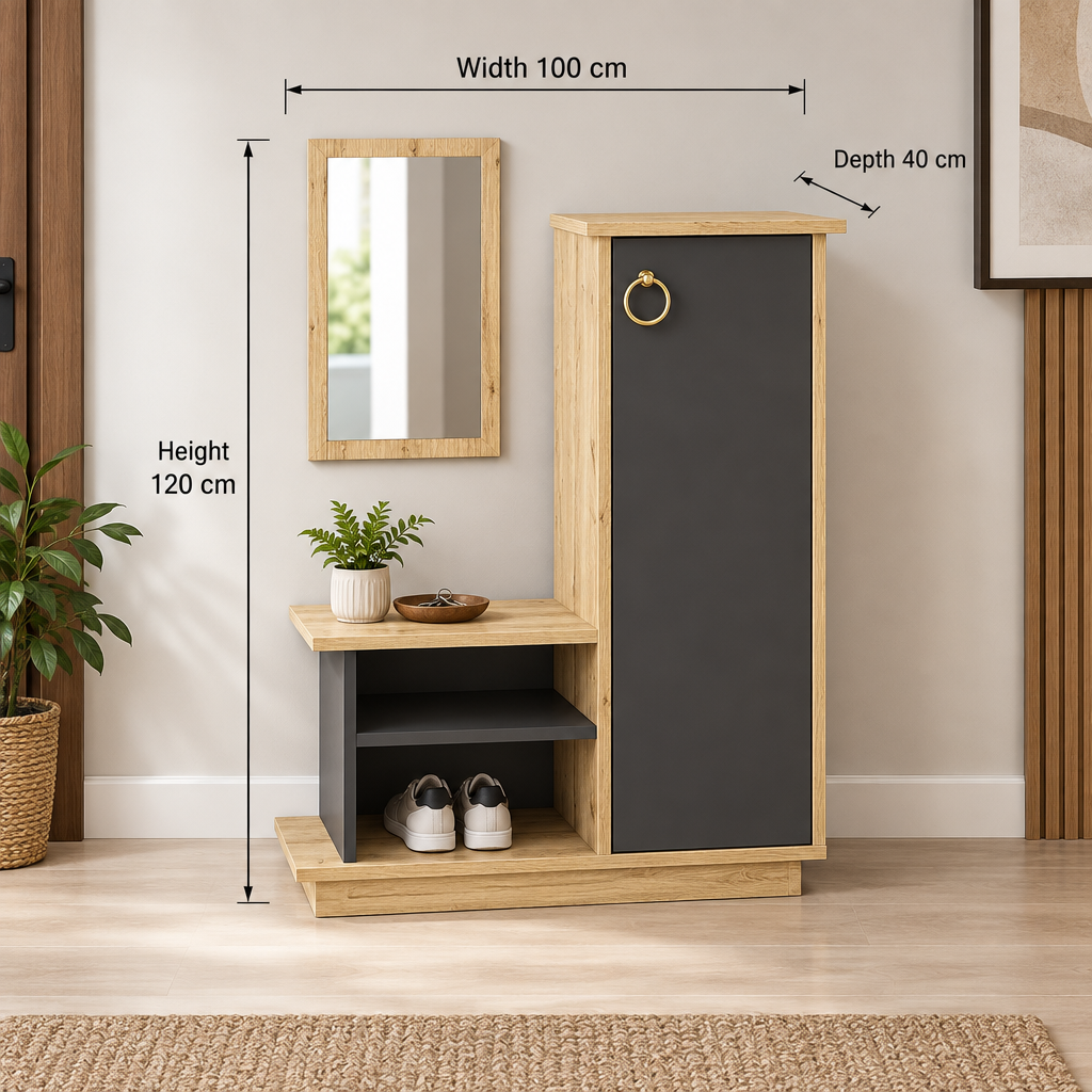 Modern natural wood and charcoal shoe cabinet, width 100 cm, depth 40 cm, height 120 cm