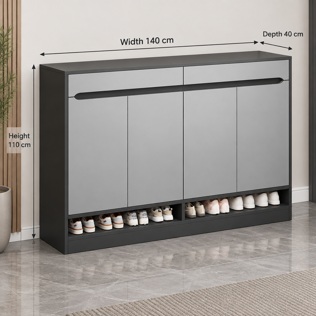 Modern gray and black shoe cabinet, width 140 cm, depth 40 cm, height 110 cm