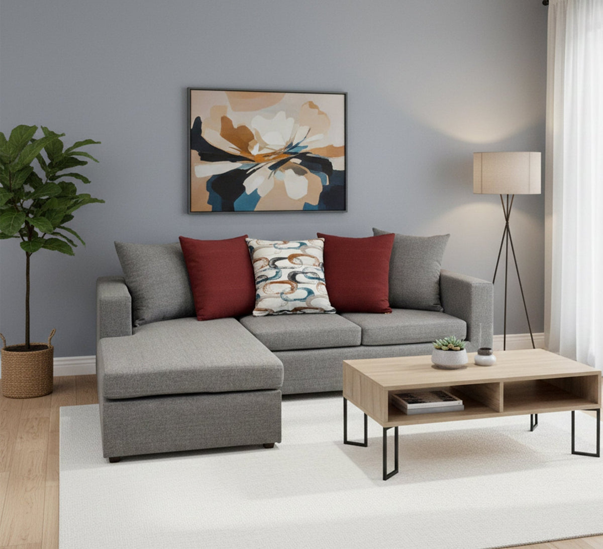 Grey & Burgundy L-Shaped Sectional Sofa RA104 240×160×80 cm – Luxury Velvet