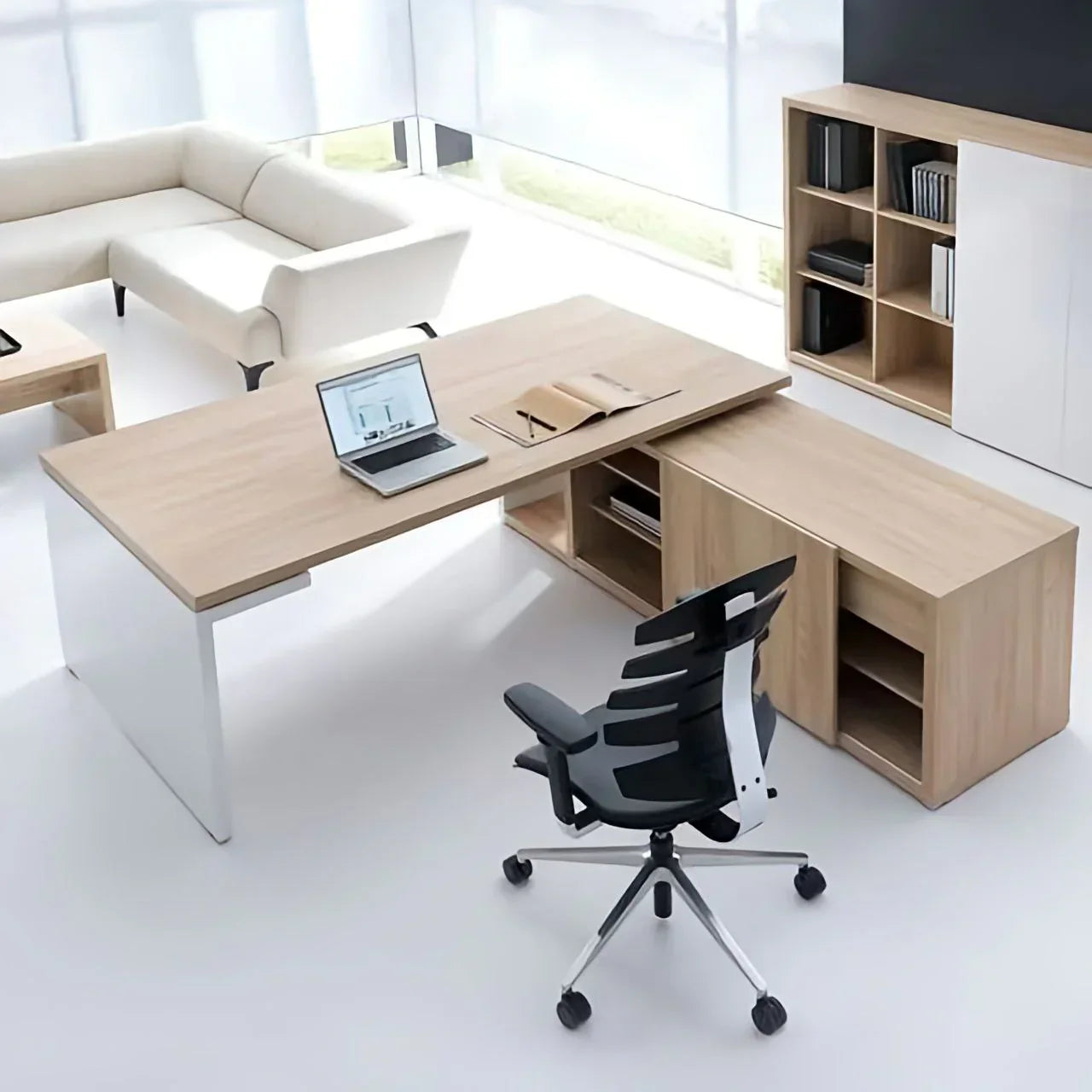 Wooden & White Executive Desk – 180 × 160 × 75 cm | DE21