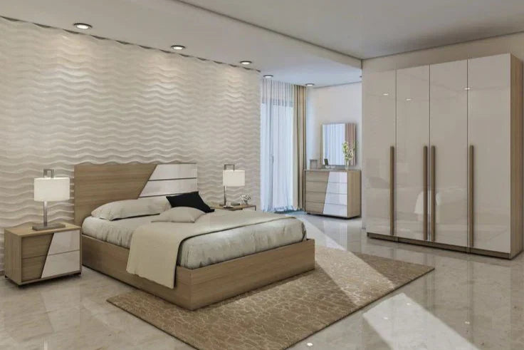 Complete Bedroom Set | Glossy White Acrylic & Wood | 5 Pieces | Bedroom 1