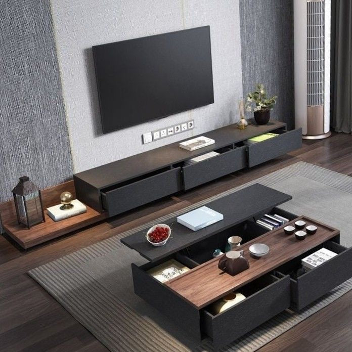 Modern Executive Living Room Set (TV Console & Coffee Table) – Royal Black & Warm Walnut | SET38