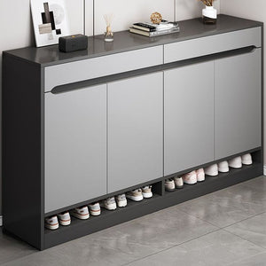 Modern gray and black shoe cabinet with four doors and open shelf