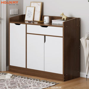 Modern walnut and white shoe cabinet with drawers