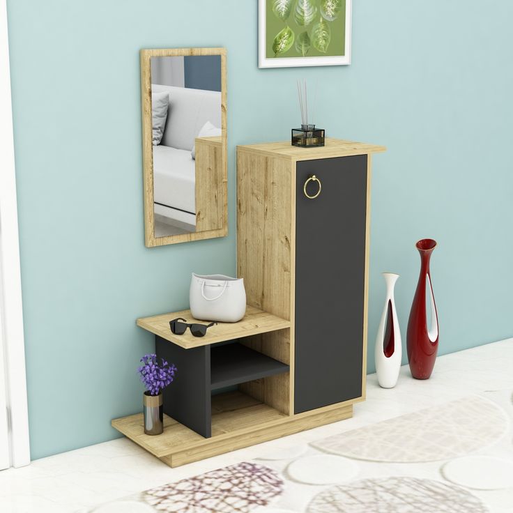 Modern natural wood and charcoal shoe cabinet