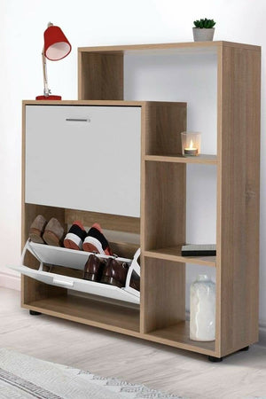 Modern natural wood and white shoe cabinet with open side shelving