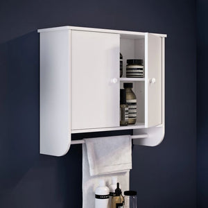 BU29 white wall-mounted bathroom cabinet with side doors, shelves and towel rail