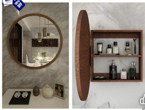 BU27 round wooden bathroom mirror cabinet and storage shelves