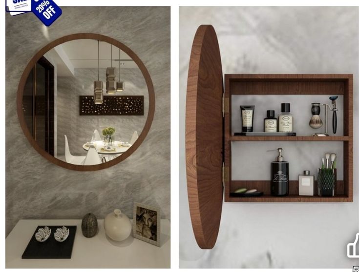 BU27 round wooden bathroom mirror cabinet and storage shelves
