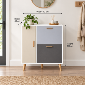 Modern white and grey shoe cabinet, width 90 cm, depth 40 cm, height 110 cm