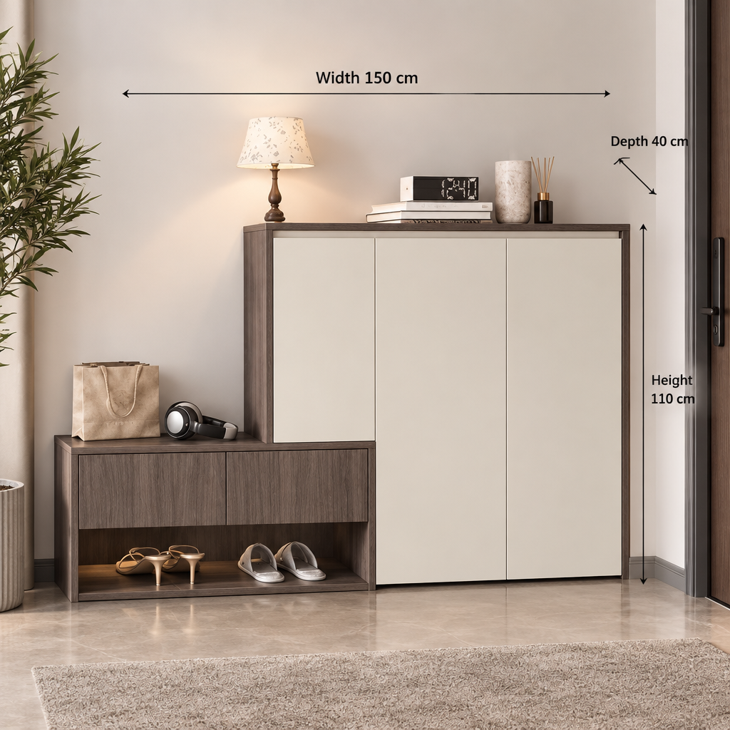 Modern walnut and cream shoe cabinet, width 150 cm, depth 40 cm, height 110 cm
