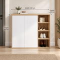 Modern natural wood and white shoe cabinet, width 120 cm, depth 40 cm, height 100 cm