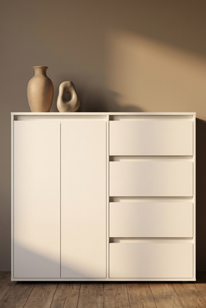 Off-white shoe cabinet su390 with two tall doors and four horizontal storage fronts
