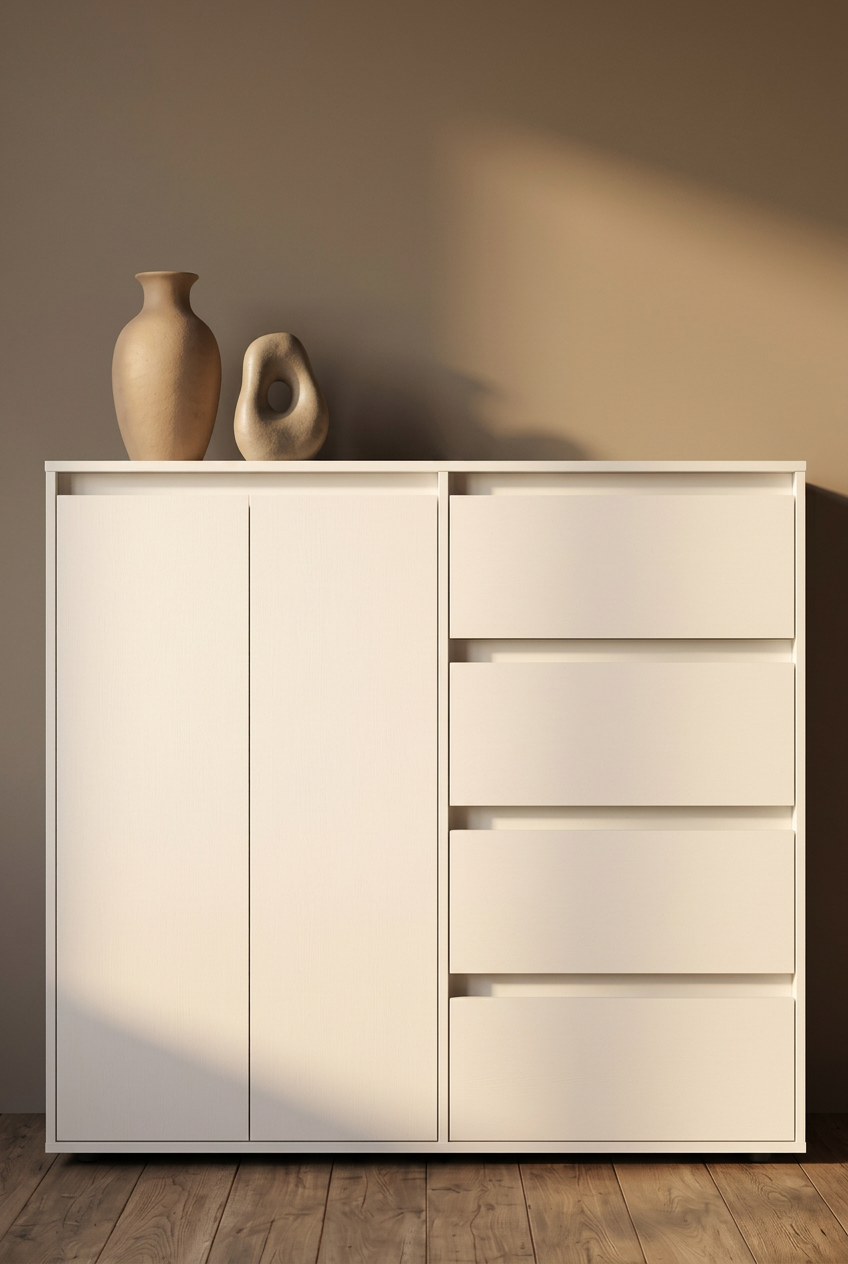 Off-white shoe cabinet su390 with two tall doors and four horizontal storage fronts