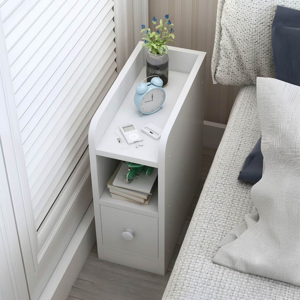 Slim white nightstand co27 with open shelf and lower storage
