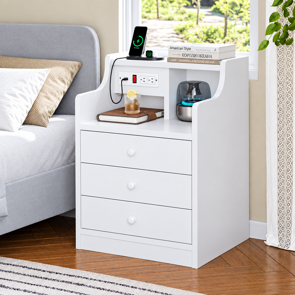 DR39 enhanced original photo of white three-drawer bedside unit