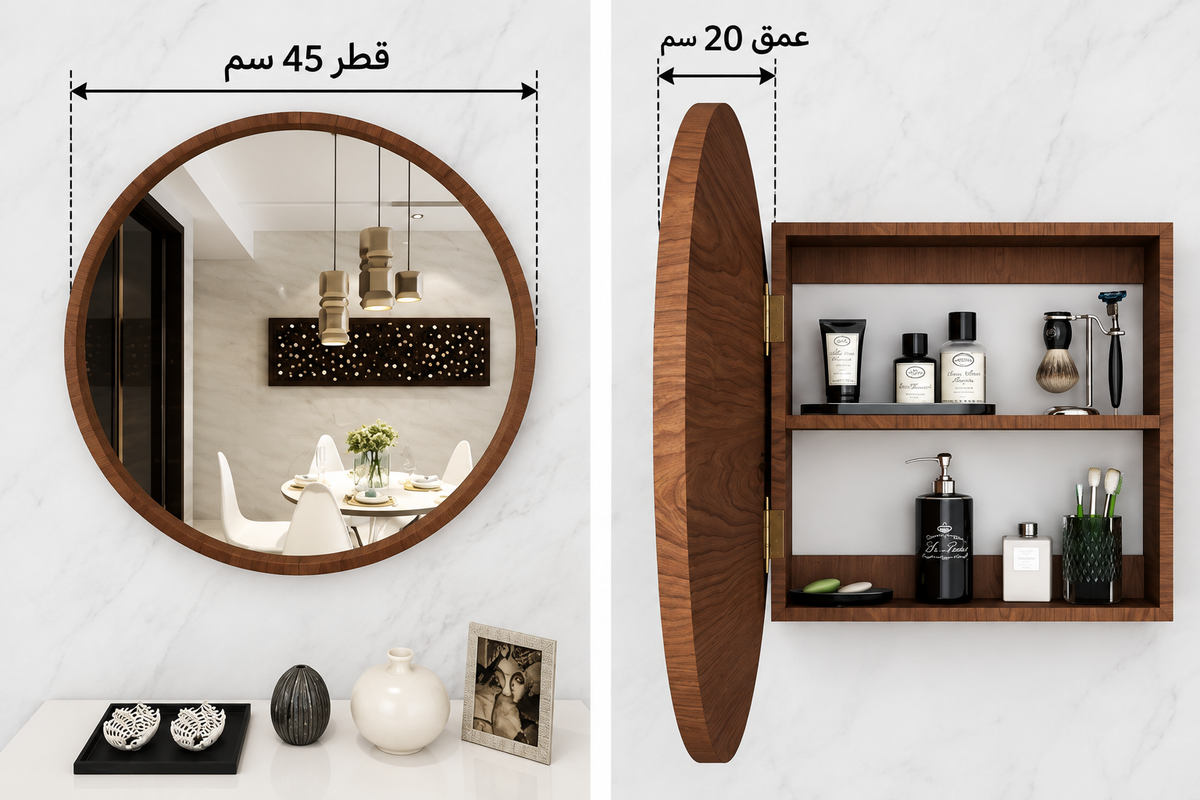 BU27 round bathroom mirror cabinet, 45 cm diameter and 20 cm depth