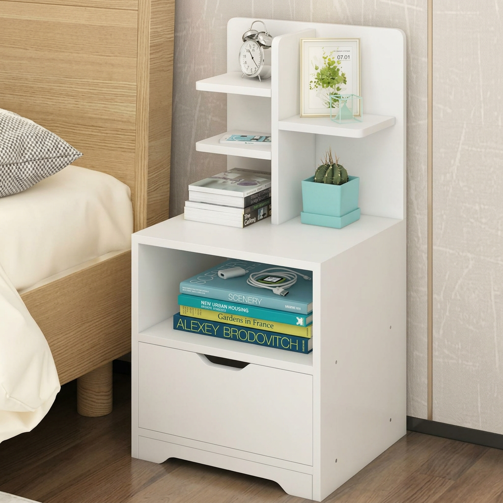 White nightstand co24 with one drawer and upper shelves