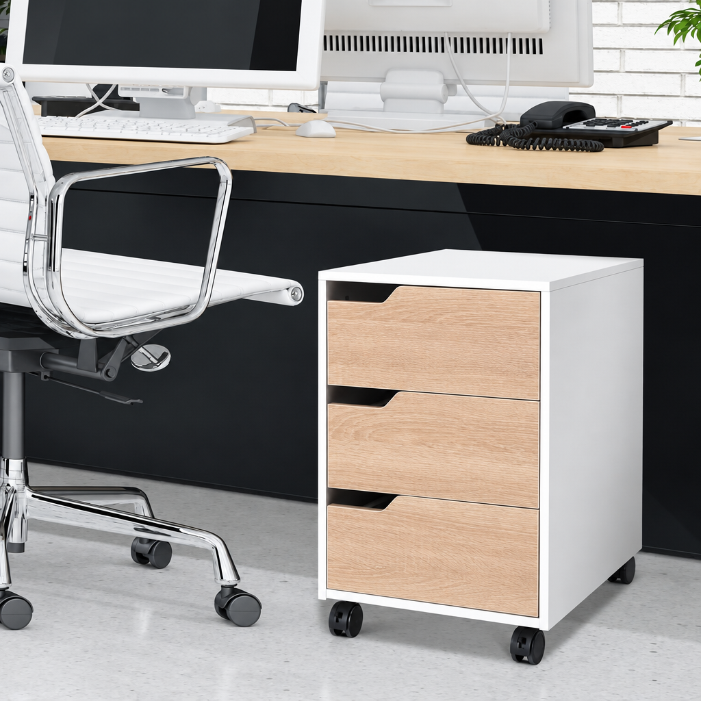 DR26 white and light wood three-drawer unit
