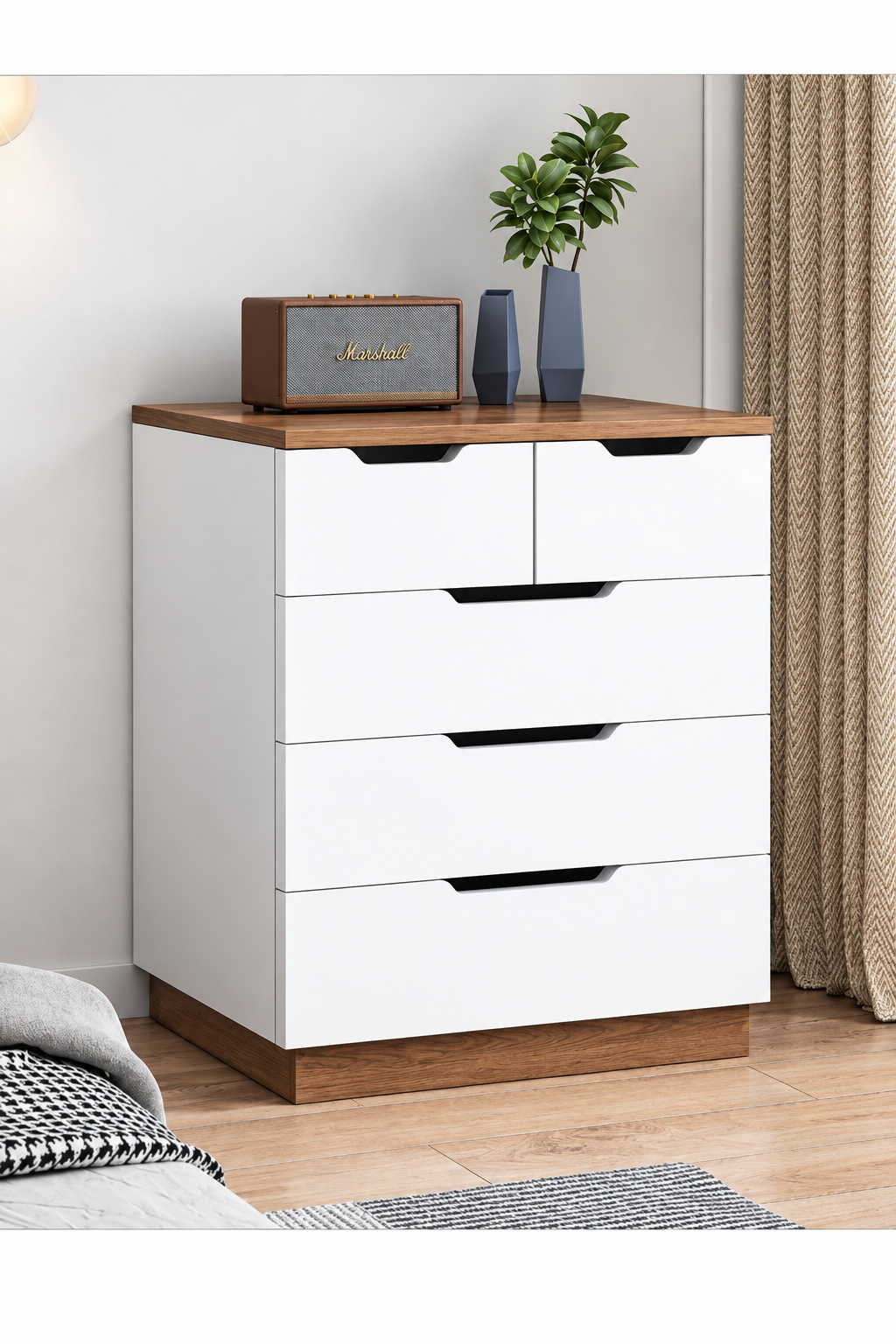 DR29 white five-drawer chest with wood-look top