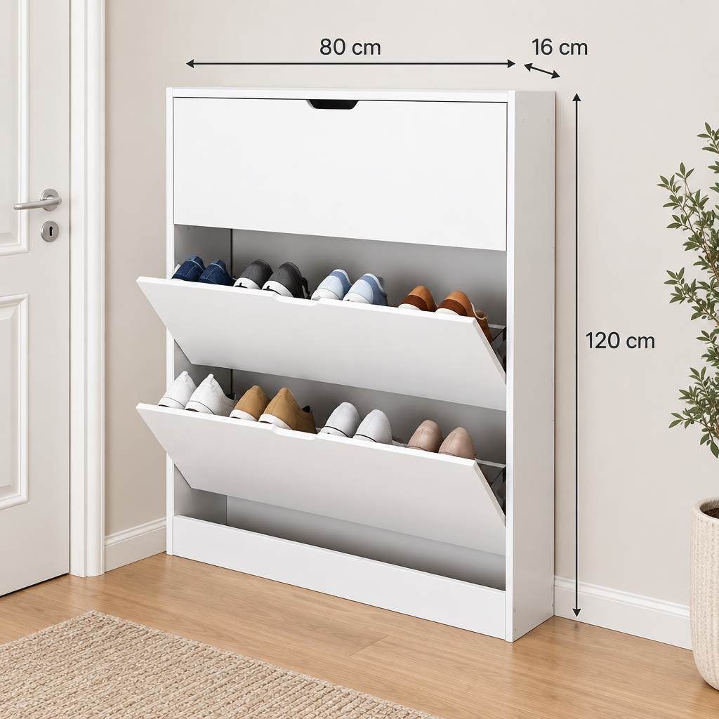 Modern slim white shoe cabinet, width 80 cm, depth 16 cm, height 120 cm