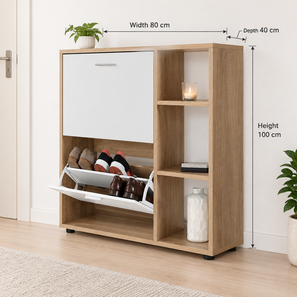 Modern natural wood and white shoe cabinet, width 80 cm, depth 40 cm, height 100 cm