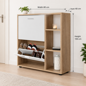 Modern natural wood and white shoe cabinet, width 80 cm, depth 40 cm, height 100 cm