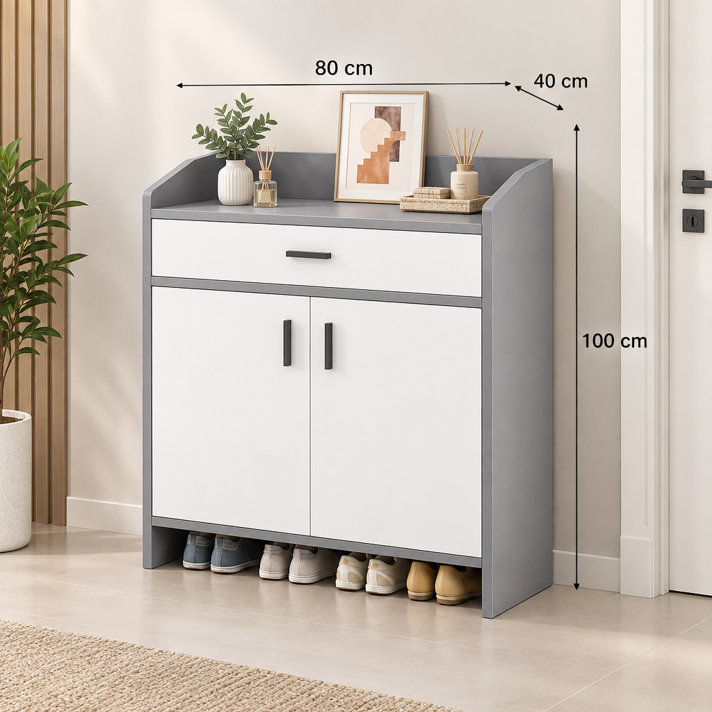 Modern light grey and white shoe cabinet, width 80 cm, depth 40 cm, height 100 cm