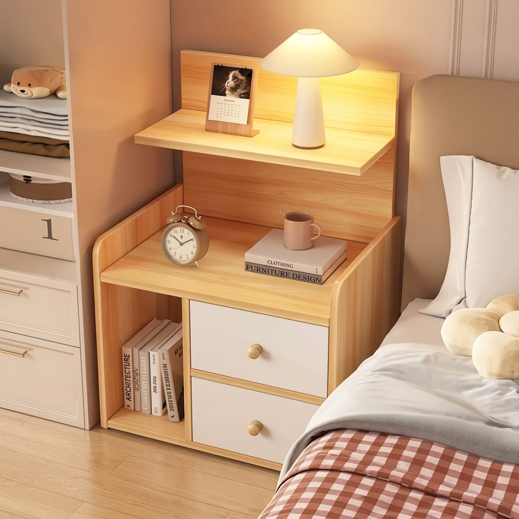 Wood-effect and white nightstand co28 with two drawers and an upper shelf